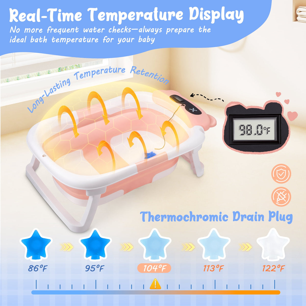 Doulami Baby Bathtub for Infants Collapsible Baby Tubs for Newborns with Cushion and Thermometer, 0-36 Month(Pink)