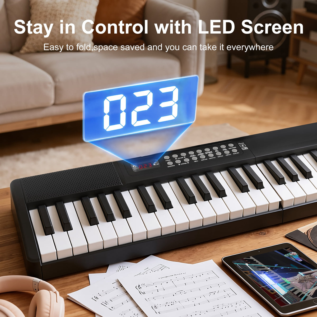 Doulami Piano 61 Key Electric Keyboard Piano with Lighted Keys LCD Display Folding Piano Keyboard for Beginner 200 Tones Rhythms