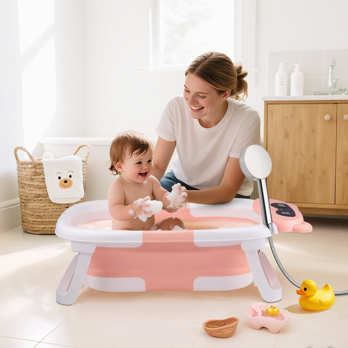 Doulami Baby Bathtub for Infants Collapsible Baby Tubs for Newborns with Cushion and Thermometer, 0-36 Month(Pink)