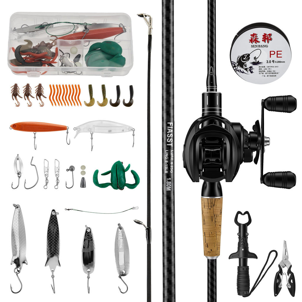 Doulami Fishing Rod and Reel Combo, 80-Pcs Fishing Poles Combo Set with Carbon Fiber Baitcasting Rod, Right-Hand Baitcaster, Cork Handle, Lure Kit