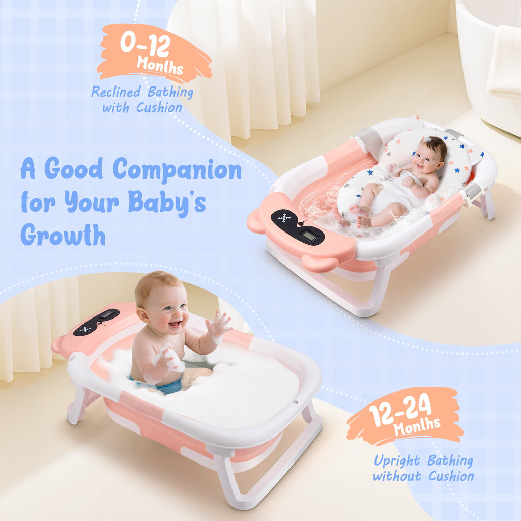 Doulami Baby Bathtub for Infants Collapsible Baby Tubs for Newborns with Cushion and Thermometer, 0-36 Month(Pink)