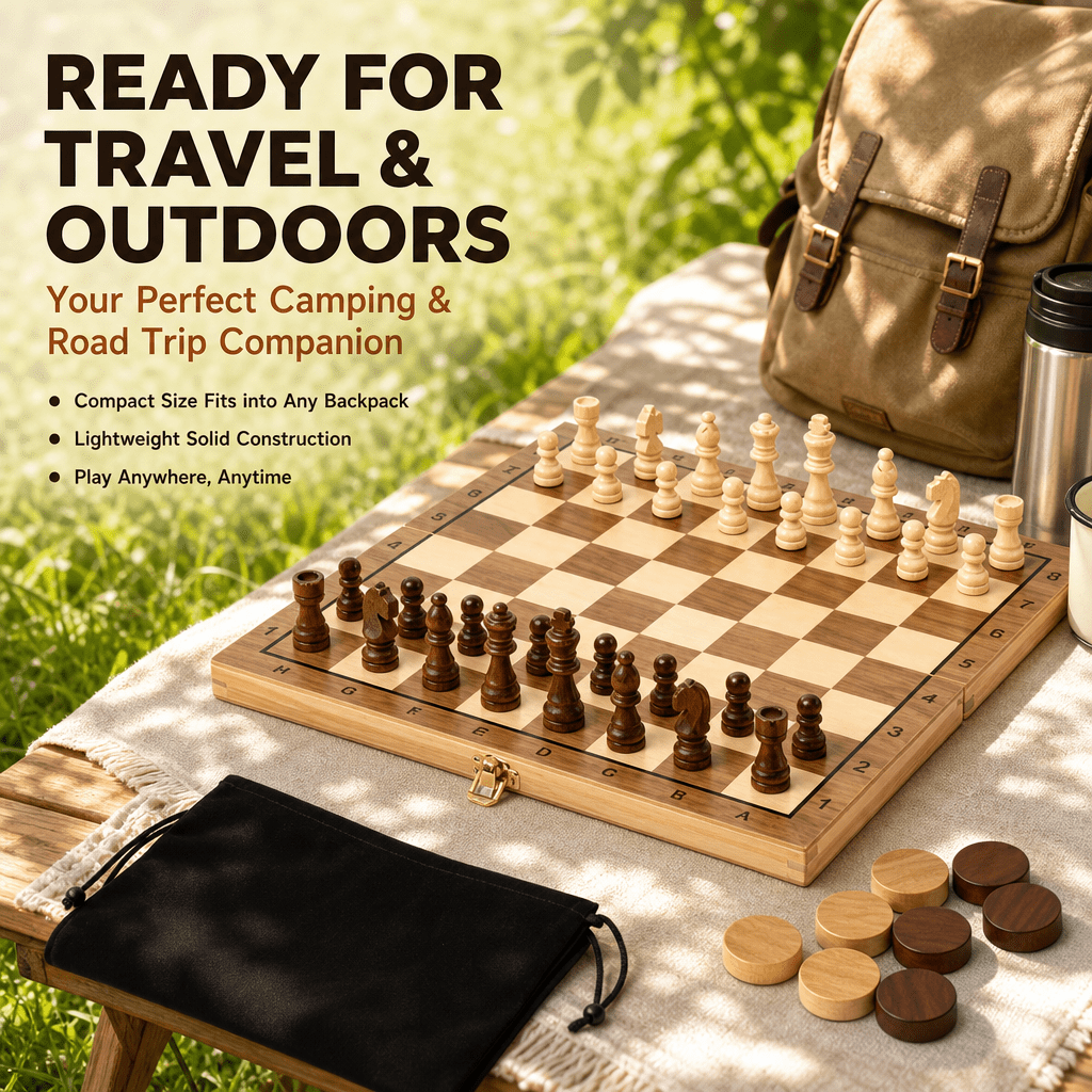 Doulami Chess Board, 3-in-1 Chess Checkers & Backgammon Set, Foldable Portable Travel Strategy Game, Eco-Friendly Solid Wood for Adults & Teens