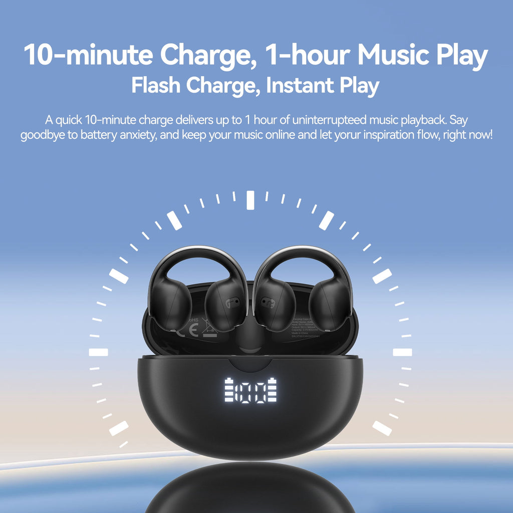 Blackview Open Earbuds,Wireless Earbuds with Digital Display Charging Case,Bluetooth 5.4,IPX7,Lightweight Comfort,Clip On Earbuds for Workout/Running,Black
