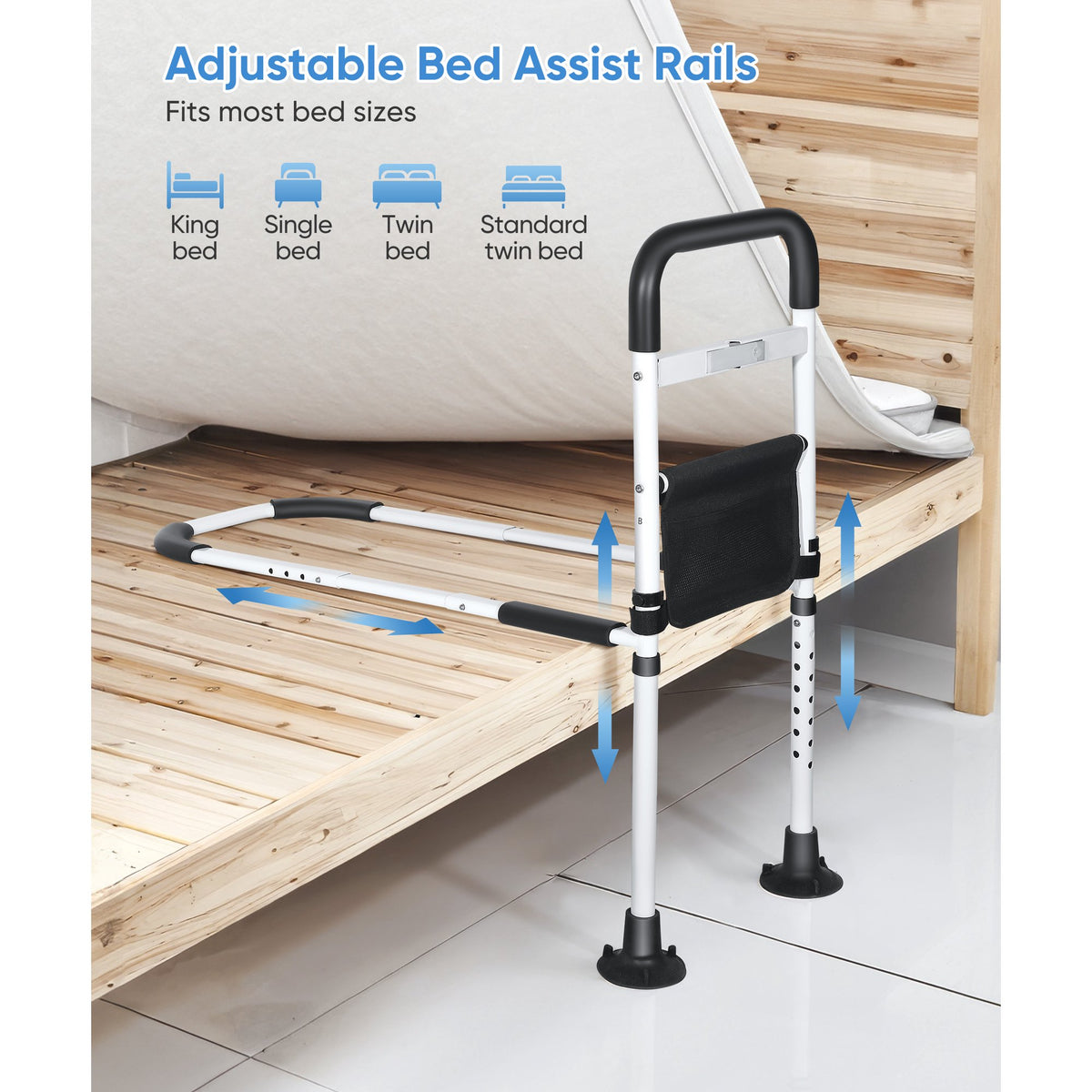 Doulami Bed Rails for Elderly Adults, Adjustable Assist Beds Rail for Senior with Storage Pocket & Motion Light