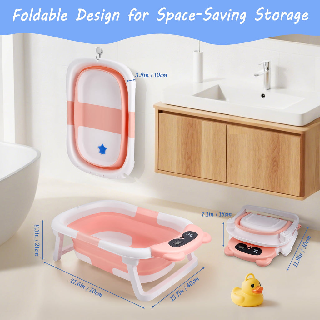 Doulami Baby Bathtub for Infants Collapsible Baby Tubs for Newborns with Cushion and Thermometer, 0-36 Month(Pink)