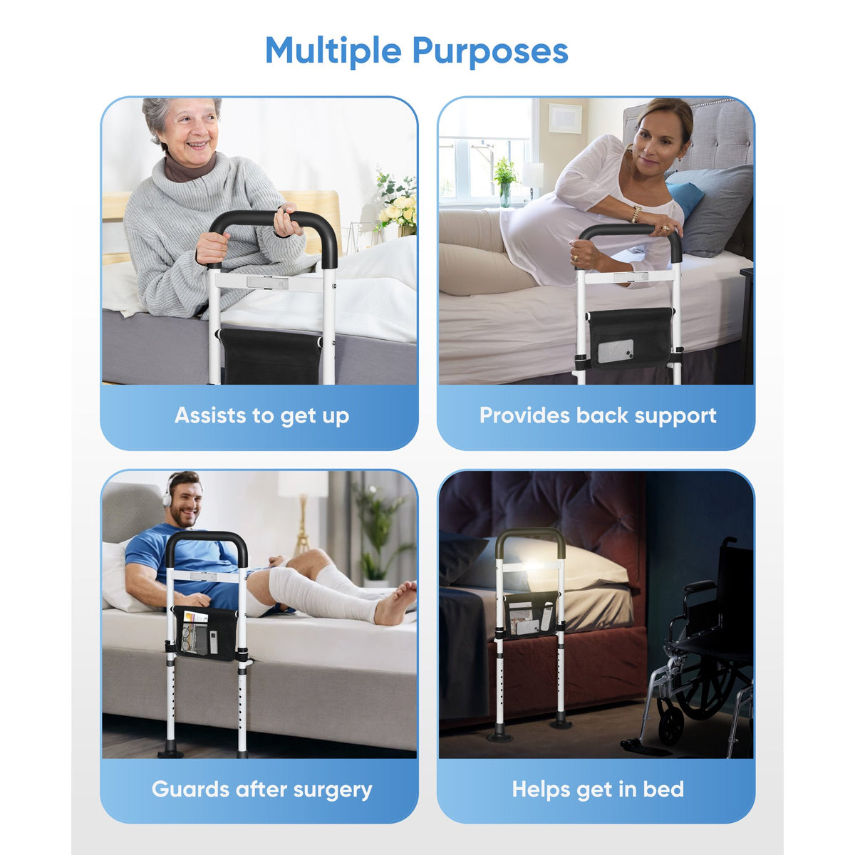 Doulami Bed Rails for Elderly Adults, Adjustable Assist Beds Rail for Senior with Storage Pocket & Motion Light